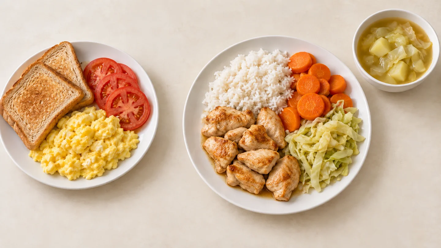 Ilustración completa de IA: desayuno con huevo y tostadas y almuerzo casero con pollo